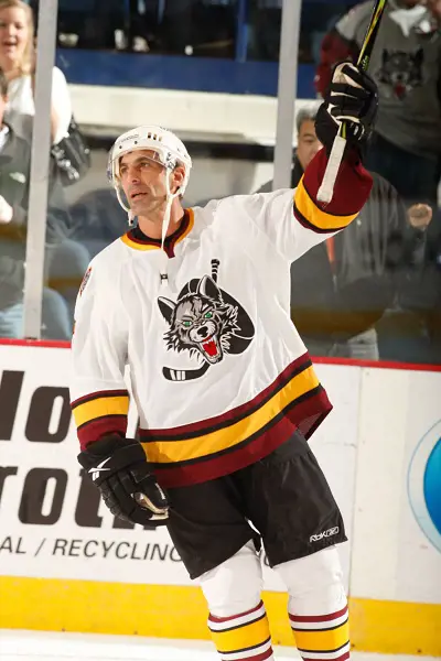 Chris Chelios wearing Chicago Wolves CCM Patch AHL Hockey Jersey