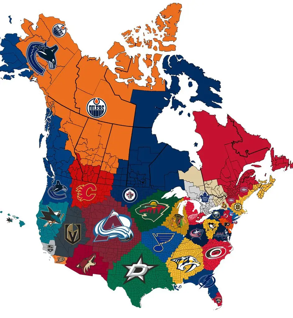 National Hockey League Teams Pointed On The Map Of U.S And Canada
