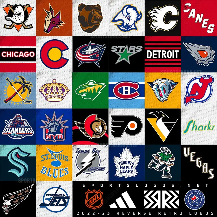 Reserve Retro Logos of the 32 NHL teams of 2022-23 season