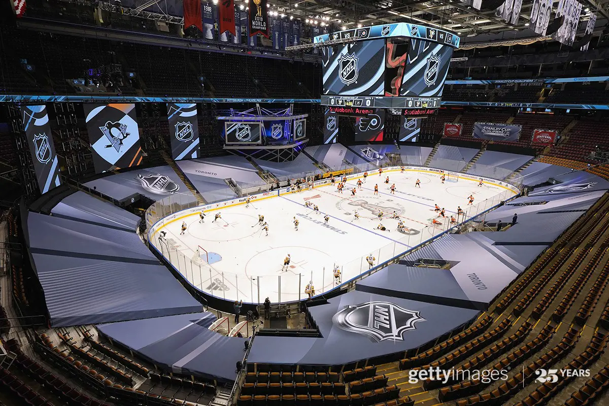 Philadelphia Flyers and Pittsburgh Penguins skating on a empty stadium prior to Stanley Cup Playoffs in 2020