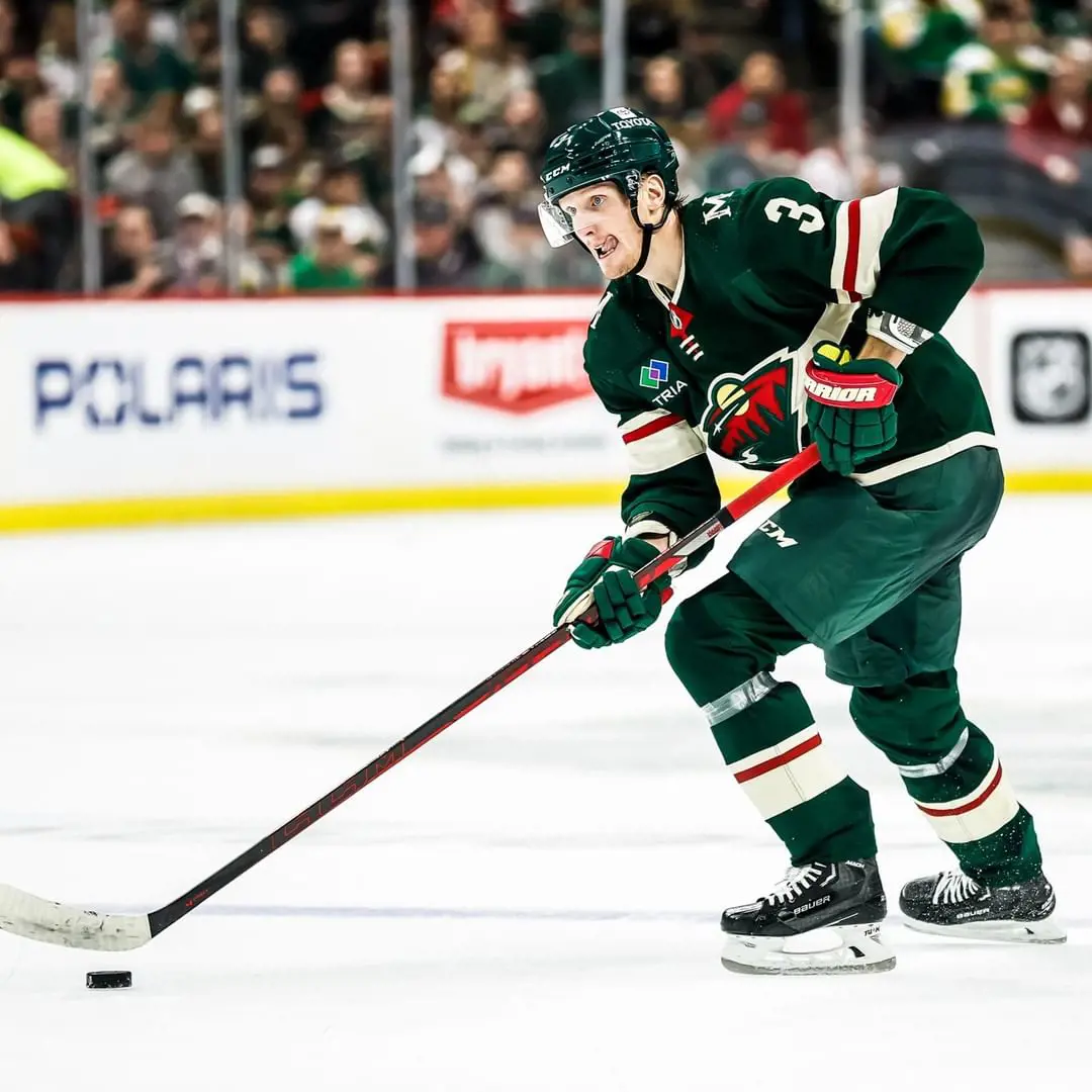 John Klingberg Of Minnesota Wild Playing The Puck With Hockey Stick At The Xcel Energy Center On 24 April 2023